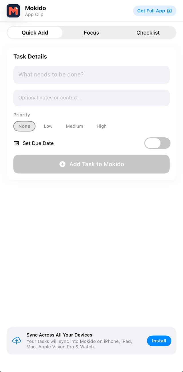 Quick Add screen in the Mokido App Clip with task details, priority, and due date controls.