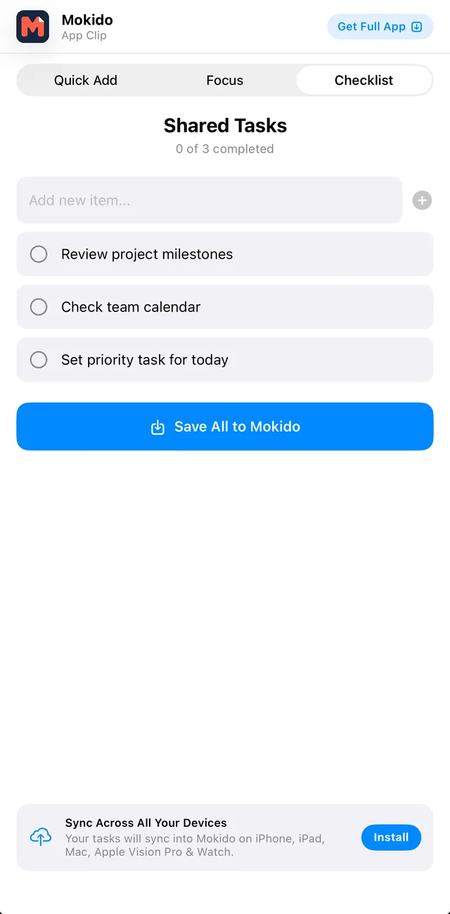 Checklist screen in the Mokido App Clip with three shared tasks and a Save All to Mokido button.