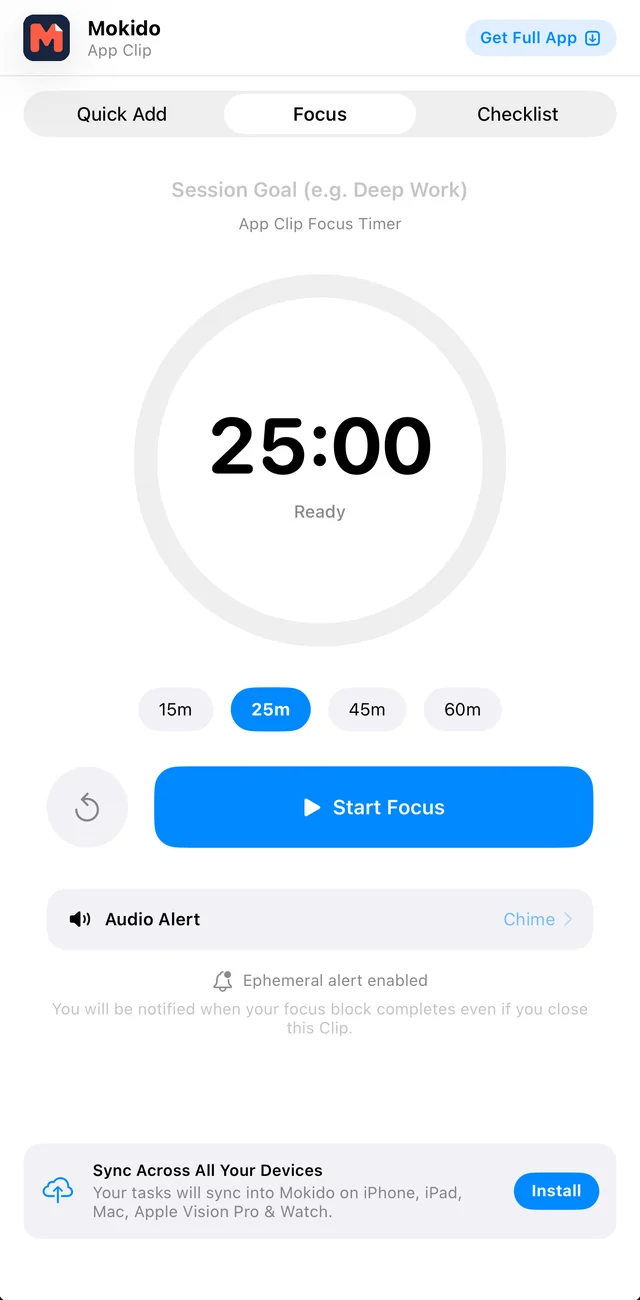 Focus screen in the Mokido App Clip showing a 25-minute timer and session duration options.