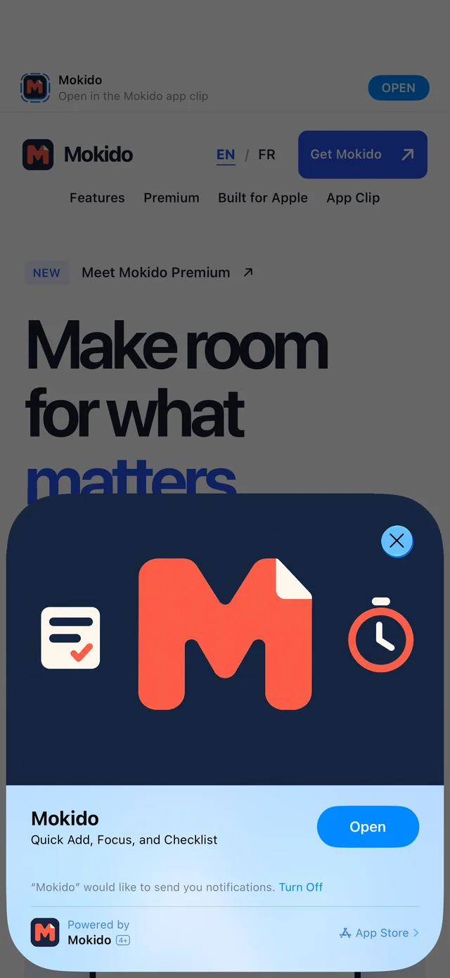 Mokido App Clip launch card on iPhone, featuring the coral M, checklist, and focus timer artwork and an Open button.