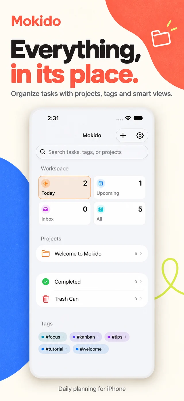 iPhone — Organize tasks, projects, and tags.