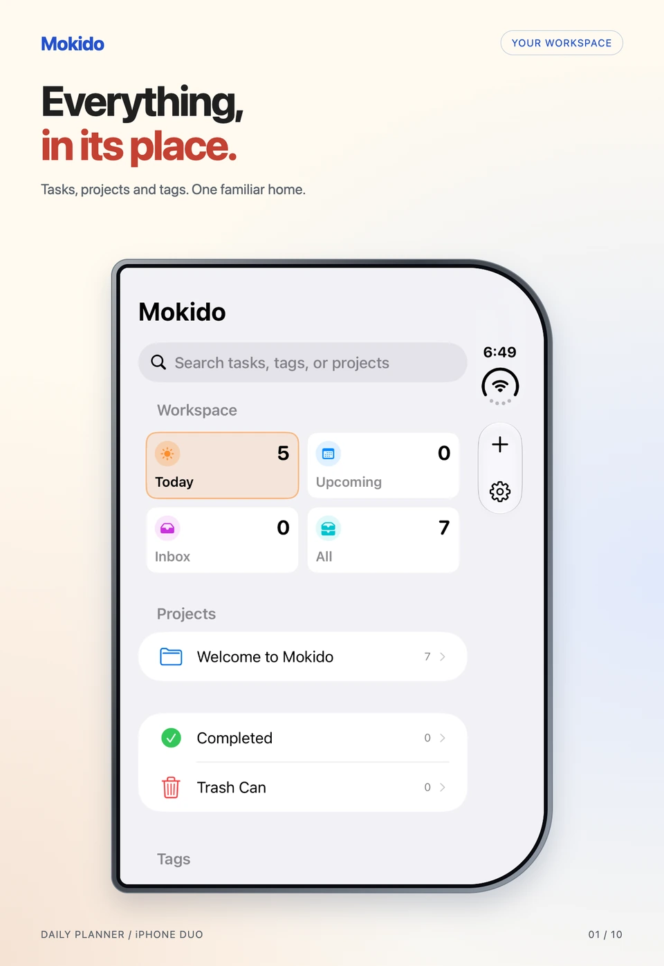 Mokido on iPhone Duo — Everything, in its place. Tasks, projects and tags in one workspace.
